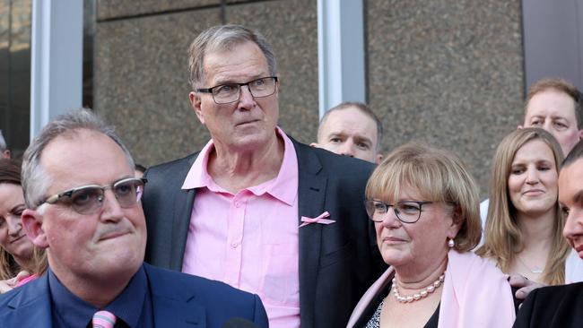 Lynette Dawson’s brother Greg Simms and his wife with other supporters pictured speaking to media. Picture: NCA NewsWire / Damian Shaw