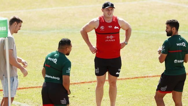 Alex Johnston, Siliva Havili and Thomas Burgess at a South Sydney training session this week.