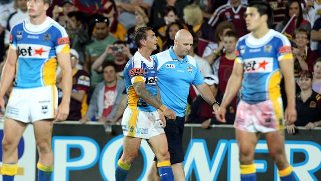 Gold Coast Titans vs the Brisbane Broncos at Skilled Park in week one of the NRL finals. An injured Mat Rogers.