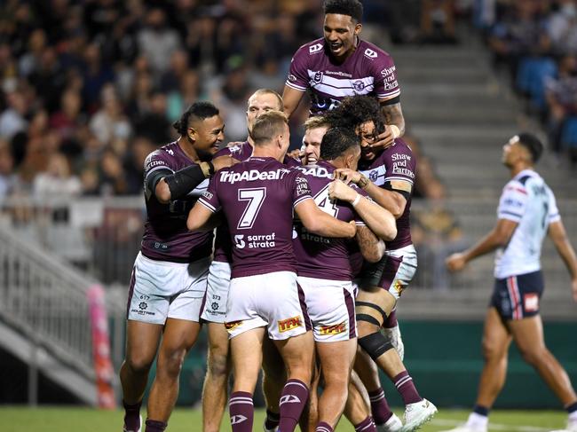 NRL 2021 SF Manly-Warringah Sea Eagles v Sydney Roosters - Manly celebration.  Must Credit NRL Photos.