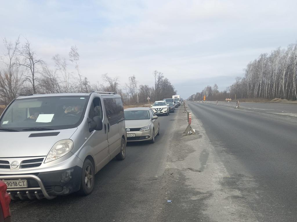 The line of cars heading towards western Ukraine. Picture: Polina Eroshenko.