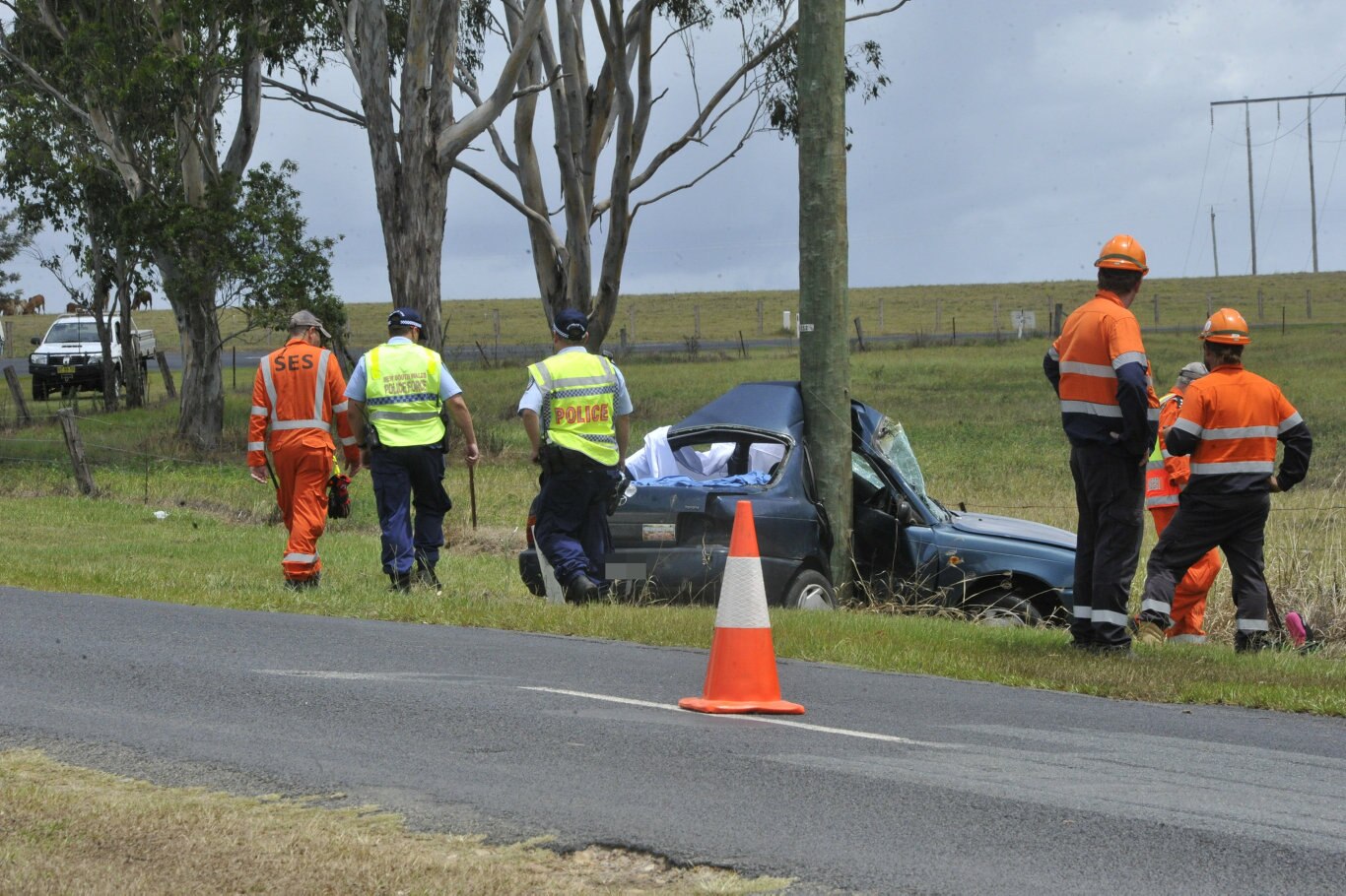 The scene of a crash where a man died after his car collided with a power pole near Seelands. Picture: Jarrard Potter