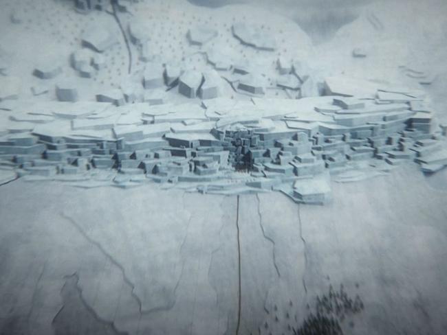 Game of Thrones opening credits sequence shows the breached ice wall, with a glacier movind down the right. Picture: HBO