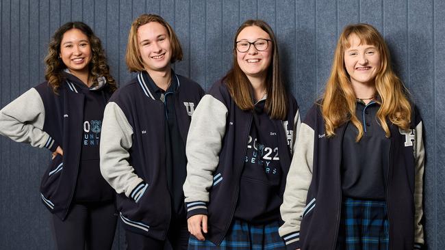 Unley High School students, Kayla Wong, 18, Kai Brown, 17, Zara Harvey, 18, and Scout Sylva-Richardson, 18, are sitting SACE exams. Picture: Matt Loxton