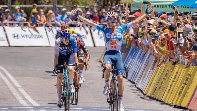 Oscar Onley wins stage 5 of the Tour Down Under at Willunga Hill. Picture: Ben Clark