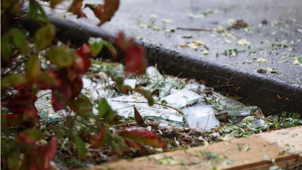 Glass remains shattered on the ground outside Mr von Moger’s house. Picture: news.com.au