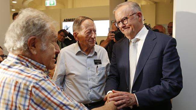 Holocaust survivors Eddie Friedlander, left, and Egon Sonnenschein, centre, meet Anthony Albanese at the Sydney Jewish Museum on Wednesday. Picture: John Appleyard