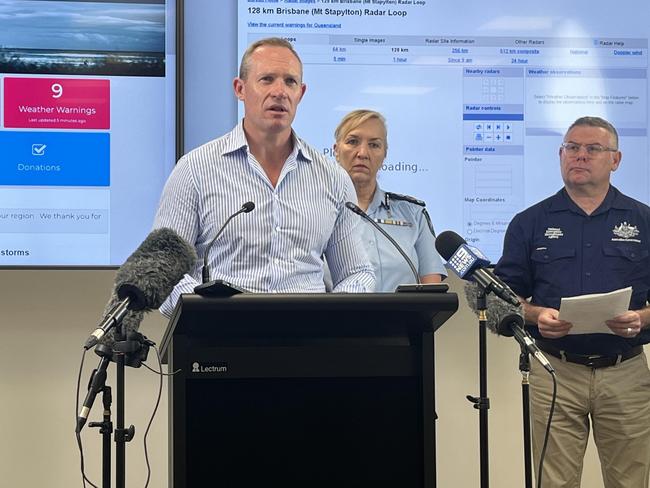 Minister for Energy Mick de Brenni speaking about the Christmas Day storm at the Gold Coast disaster centre Picture: NCA NewsWire / Aisling Brennan