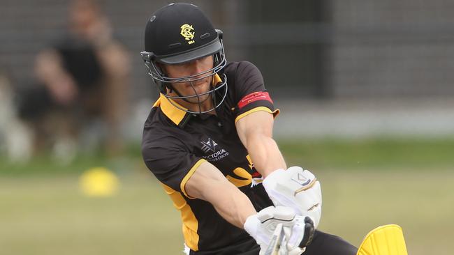 Monash Tigers captain Daniel Sartori thrashes one through the off-side. Picture: Stuart Milligan