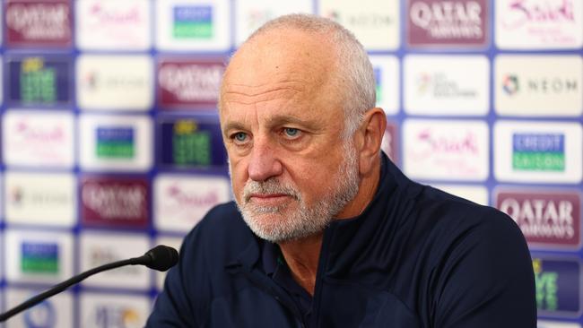 GOLD COAST, AUSTRALIA - SEPTEMBER 05: Australian Head Coach Graham Arnold speaks to the media after the round three 2026 FIFA World Cup AFC Asian Qualifier match between Australia Socceroos and Bahrain at Robina Stadium on September 05, 2024 in Gold Coast, Australia. (Photo by Chris Hyde/Getty Images)