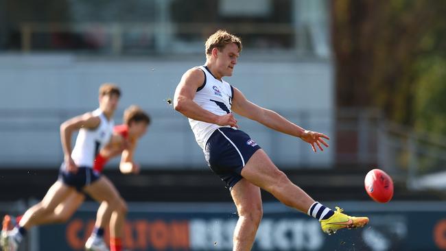 MELBOURNE, AUSTRALIA - JUNE 18: George Stevens of Vic Country kicks during the 2023 AFL National Championships match between Vic Country and South Asutralia at Ikon Park on June 18, 2023 in Melbourne, Australia. (Photo by Graham Denholm/AFL Photos via Getty Images)