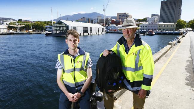 Rhys Hall, street team volunteer and Guy Stainsby, project officer for The Salvation Army are pictured at Elizabeth Street Pier the day after an intoxicated man was rescued from the water. Rhys spoke to the man before he ended up in the Derwent where he was rescued. Picture: MATT THOMPSON