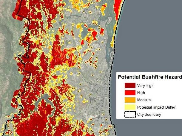 Latest bushfire hazard overlay map produced by the Gold Coast City Council.