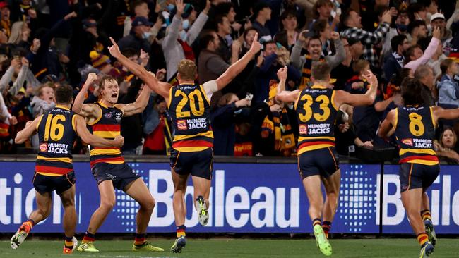 Jordan Dawson celebrates his after-the-siren goal against the Power in Round 3. Picture: James Elsby/AFL Photos