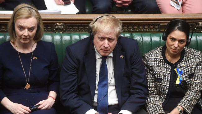 Britain's Foreign Secretary Liz Truss, Britain's Prime Minister Boris Johnson and Britain's Home Secretary Priti Patel listening to Ukraine's President Volodymyr Zelensky. Picture: Jessica Taylor/UK PARLIAMENT/AFP