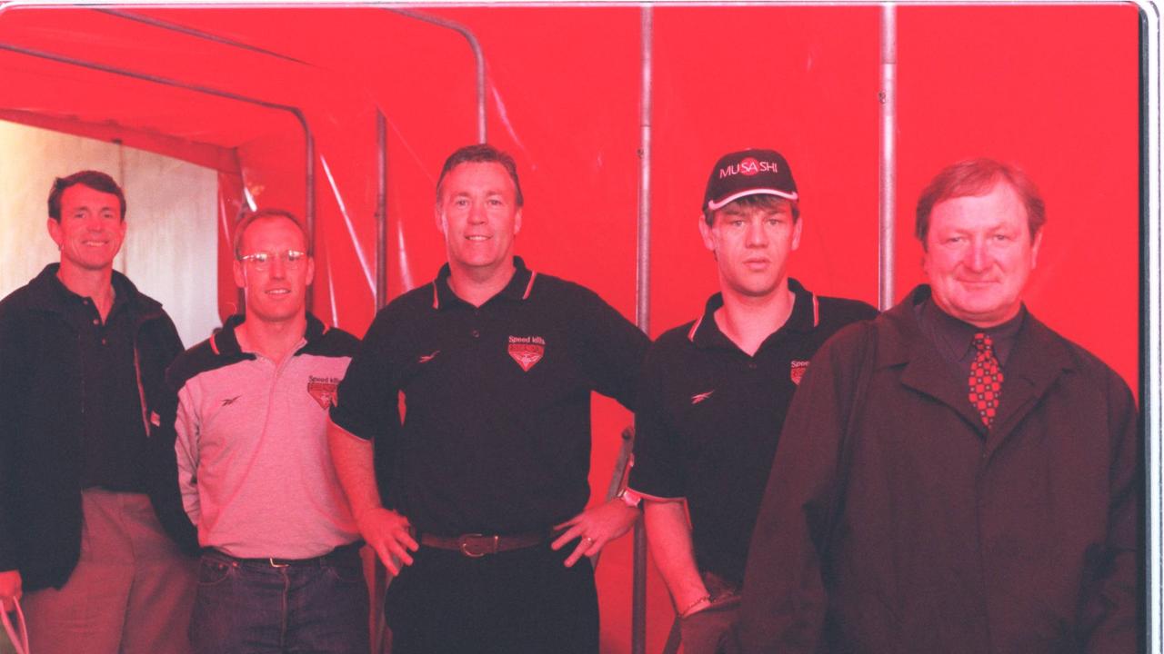 Essendon coach Kevin Sheedy (right) and his assistants (from left) Terry Daniher, Robert Kerr, Robert Shaw and Mark Harvey.