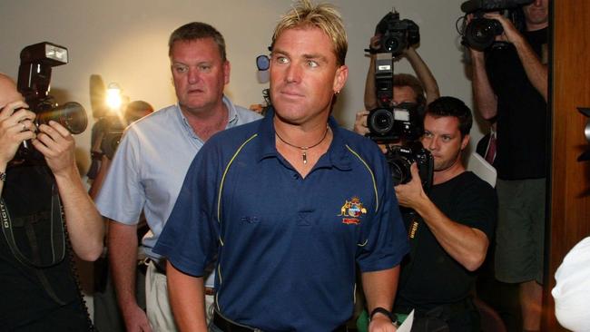 Shane Warne faces the media in Melbourne after being sent home from the 2003 Word Cup. Picture: Michael Dodge