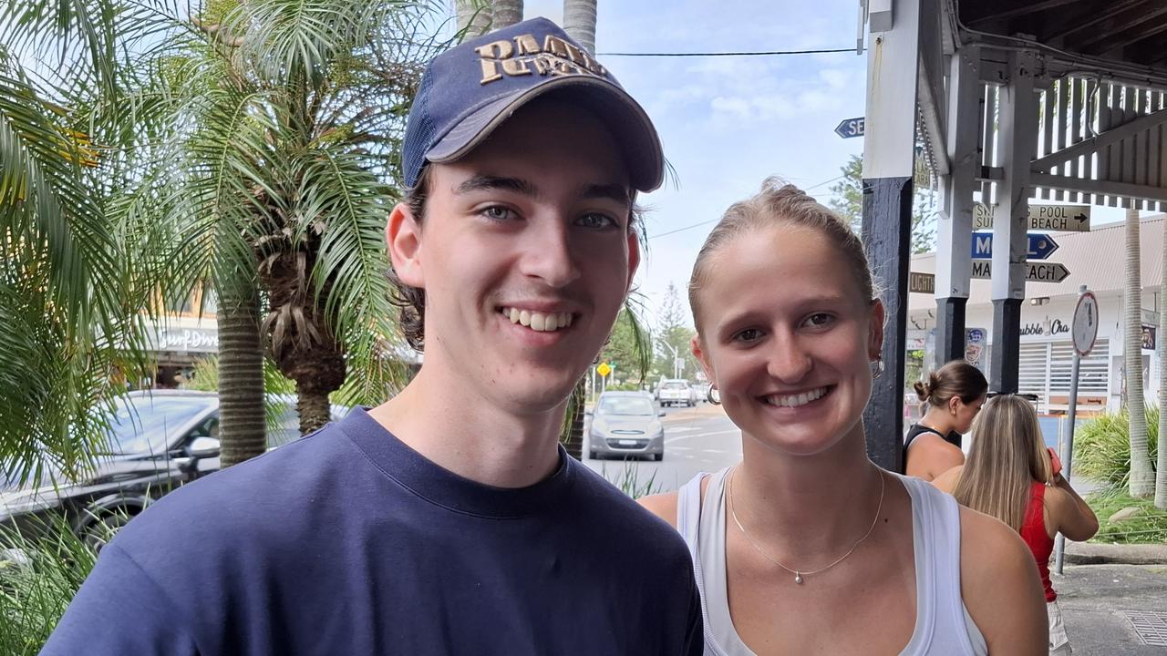 Nick Bottomley, 18, and Sarah Meredith-Smith, 18, at Byron Bay Schoolies celebrations on November 28, 2024. Picture: Sam Stolz / News Local.