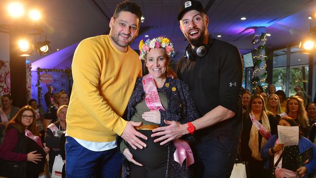 Fifi Box with Fox co-hosts <span class="celebrity_name_hs">Brendan Fevola</span> and <span class="celebrity_name_hs">Byron Cooke</span> at the baby shower. Picture: Nicki Connolly