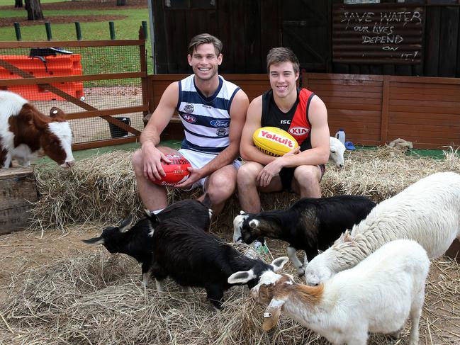 Interleague Championship launch outside the MCG, Essendon Zach Marrett, Geelong Tom Hawkins,  Picture Yuri Kouzmin