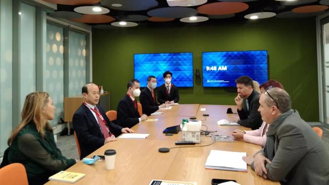 Images posted by the Australian Embassy of the People's Republic of China showing Chinese Ambassador to Australia Xiao Qian meeting staff at the ABC headquarters. Picture: Chinese Embassy Australia