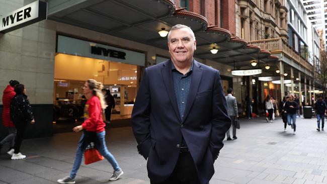 Former Myer chief executive Bernie Brookes, in Sydney’s Pitt Street Mall, says Australia’s retail giants need to merge to save themselves. Picture: John Feder