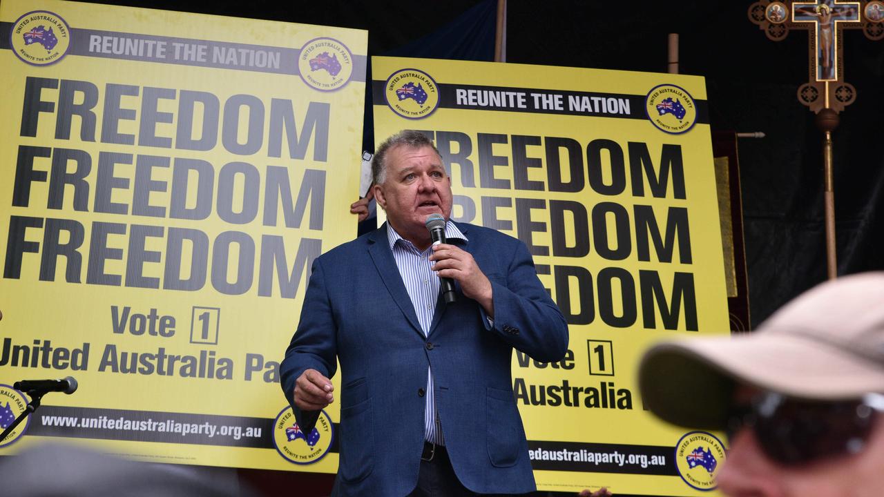 Craig Kelly spoke to protesters in Sydney on Saturday. Picture: NCA NewsWire / Flavio Brancaleone