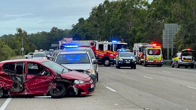 A serious crash on the M1 at Coomera on the Gold Coast on Friday morning. Picture: Queensland Ambulance