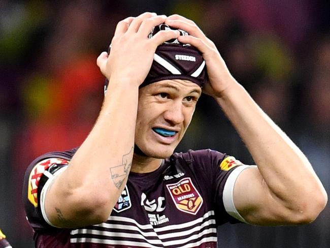 Kalyn Ponga of the Maroons is seen reacting during Game 2 of the 2019 State of Origin series between the Queensland Maroons and the New South Wales Blues at Optus Stadium in Perth, Sunday, June 23, 2019. (AAP Image/Darren England) NO ARCHIVING, EDITORIAL USE ONLY