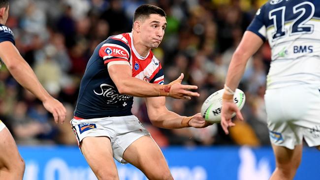 BRISBANE, AUSTRALIA - MAY 15: Victor Radley of the Roosters passes the ball during the round 10 NRL match between the Sydney Roosters and the North Queensland Cowboys at Suncorp Stadium, on May 15, 2021, in Brisbane, Australia. (Photo by Bradley Kanaris/Getty Images)