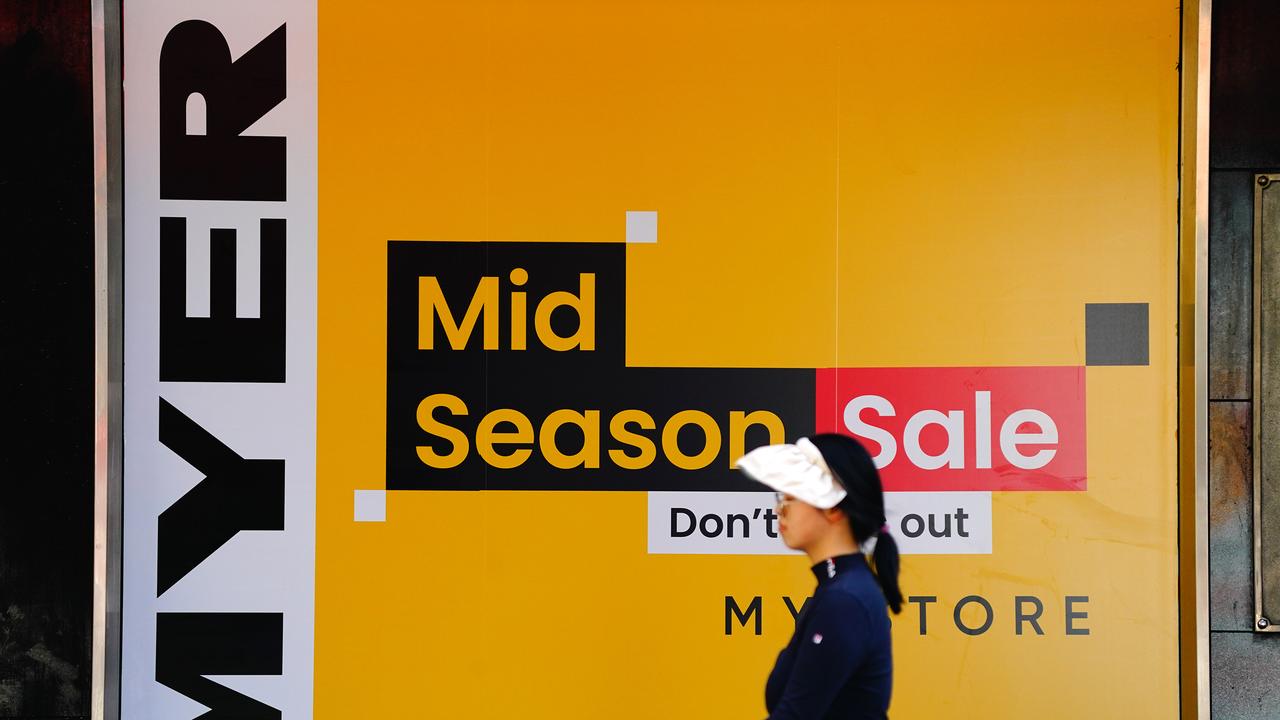 Myer store banners are seen in Melbourne. Picture: Luis Enrique Ascui/NCA NewsWire