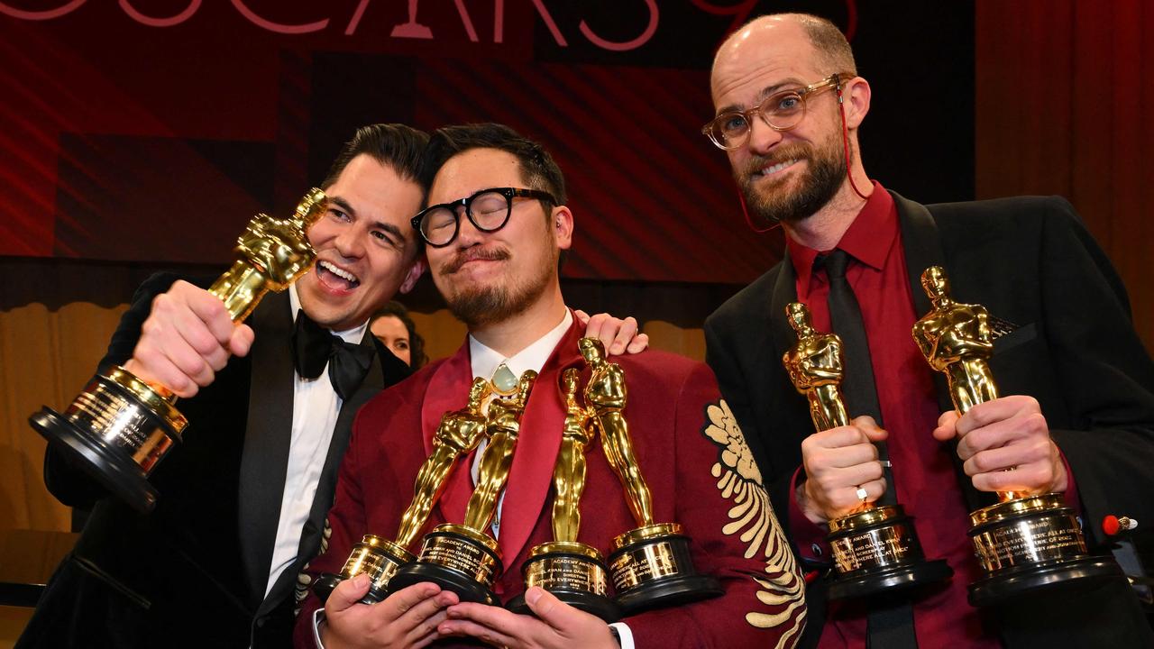 Producer Jonathan Wang, and writer-directors Daniel Kwan and Daniel Scheinert. Picture: Angela Weiss/AFP