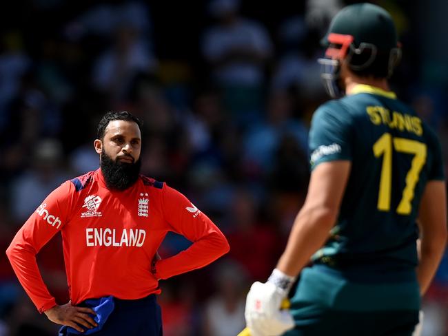 BRIDGETOWN, BARBADOS - JUNE 08: Adil Rashid of England reacts during the ICC Men's T20 Cricket World Cup West Indies & USA 2024 match between Australia and England at Kensington Oval on June 08, 2024 in Bridgetown, Barbados. (Photo by Gareth Copley/Getty Images)