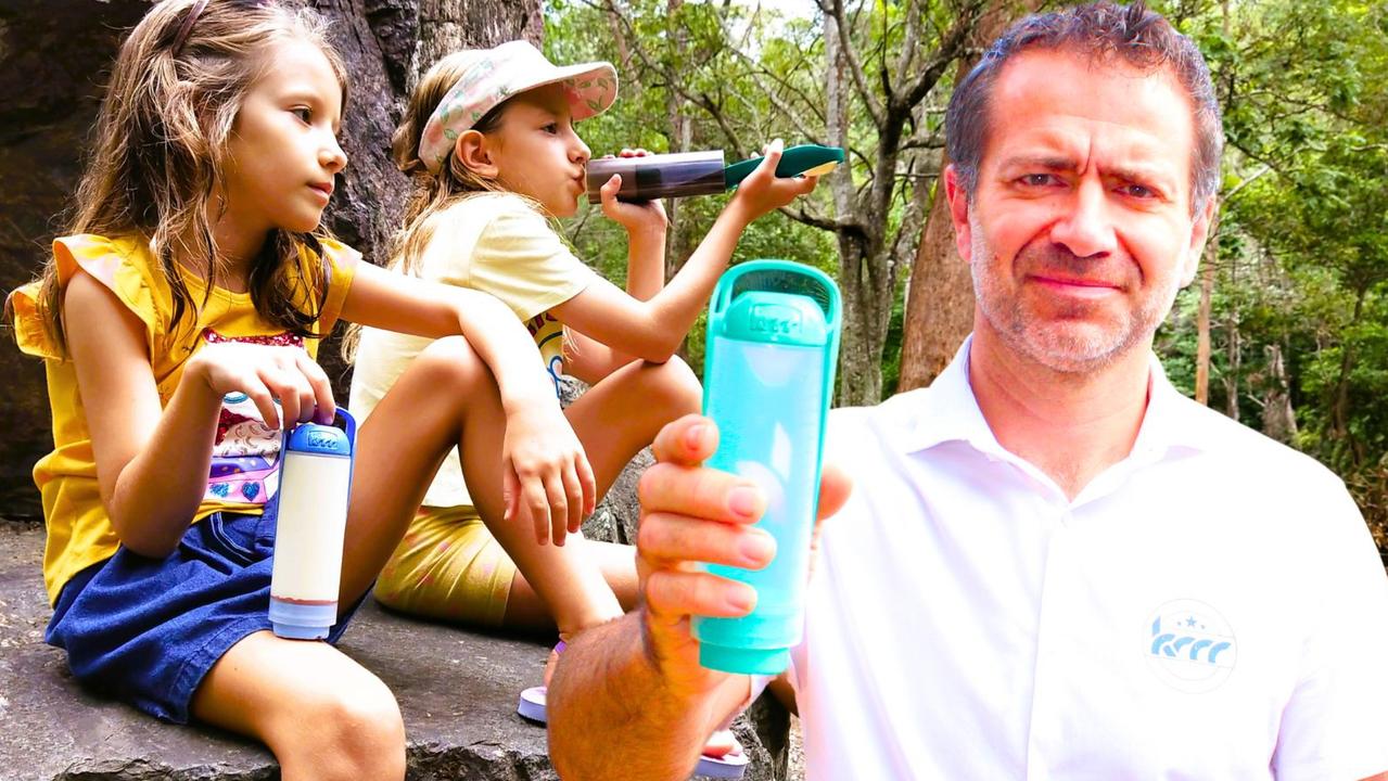 Brisbane inventor Jeff Roiron with his Koor flask which has revolutionised school lunches for his two daughters and saved him hundreds of dollars. Picture: Contributed