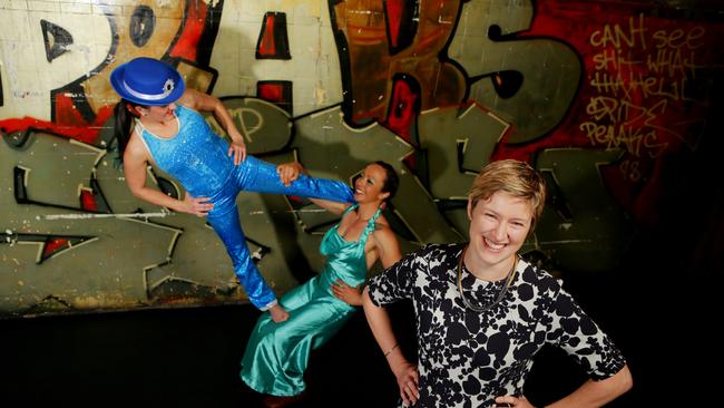 Brisbane Powerhouse CEO Fiona Maxwell with Vulcana Womens Circus members Emily Jones and Pitisi Hatcher. Pic Mark Calleja