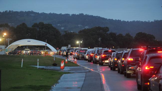 Long line-ups at the Victoria Park Covid-19 drive-through testing site on Tuesday morning. Picture: Michael Marschall