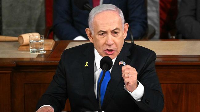 Benjamin Netanyahu addresses congress on Wednesday. Picture: AFP)