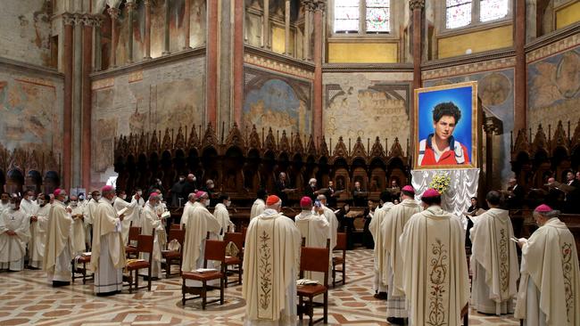 Cardinals, bishops, friars and priests attend the beatification ceremony of Carlo Acutis at the St. Francis Basilica on October 10, 2020 in Assisi, Italy. Picture: Vatican Pool/Getty Images
