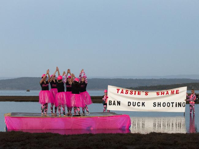 Moulting Lagoon became Swan Lake with protesters donning tutus and performing to oppose the recent duck hunting season.