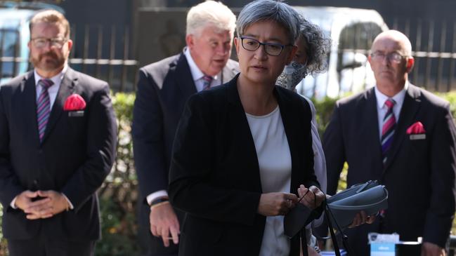 Senator Penny Wong arrives at the funeral. Picture: David Geraghty