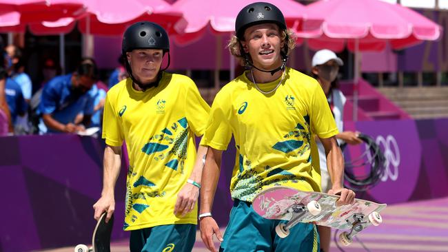 Keegan Palmer, right, with fellow Aussie Kieran Woolley after winning gold. Picture: Jamie Squire/Getty Images