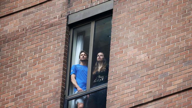 Tennis player John Millman and his girlfriend Fi in the Sofitel Wentworth Hotel in quarantine whilst waiting for the Australian Open tennis grand slam to be announced. Picture: Jane Dempster/The Australian.