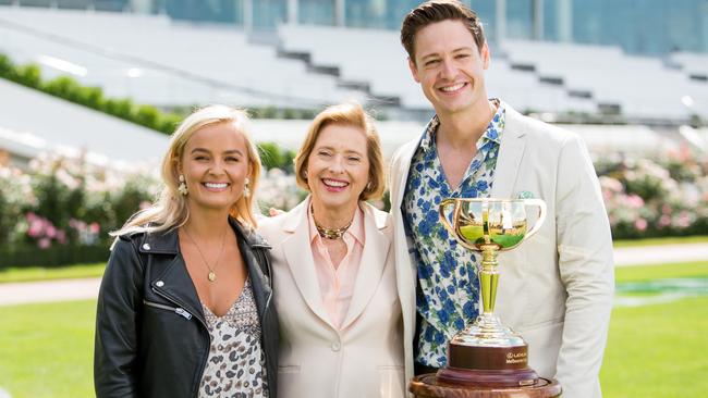 Racing legend Gai Waterhouse with Elly Miles and Matt Agnew on the Bachelor last year. Supplied.