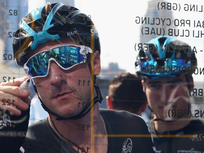 DUBAI, UNITED ARAB EMIRATES - FEBRUARY 03: Michal Golas of Team Sky signs on ahead of the race departure during the Dubai Silicon Oasis Stage One of the Tour of Dubai on February 3, 2016 in Dubai, United Arab Emirates. (Photo by Michael Steele/Getty Images)