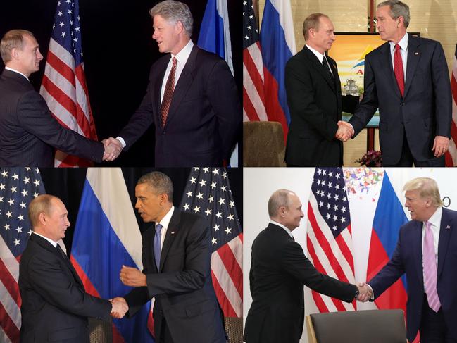 Russian President Vladimir Putin shaking hands with US Presidents (from top left) Bill Clinton; George W. Bush, Barack Obama and Donald Trump.