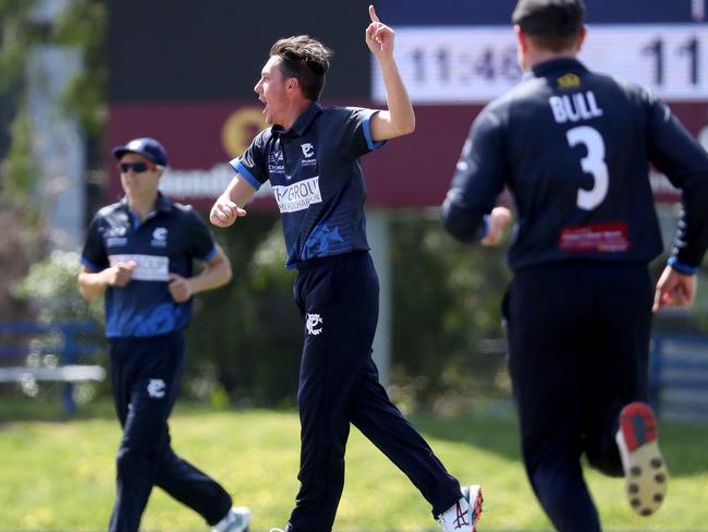 Andrew Perrin celebrates one of his 21 wickets in 2019-20. Picture: Mark Dadswell