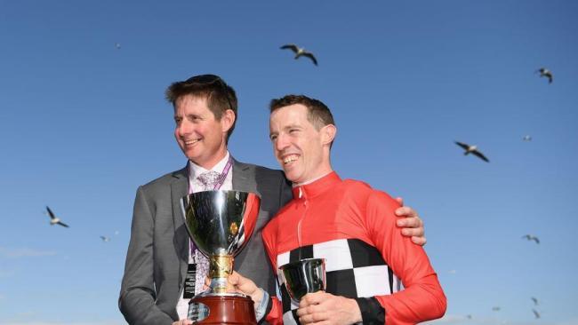 Winning trainer Jarrod McLean and jockey John Allen.