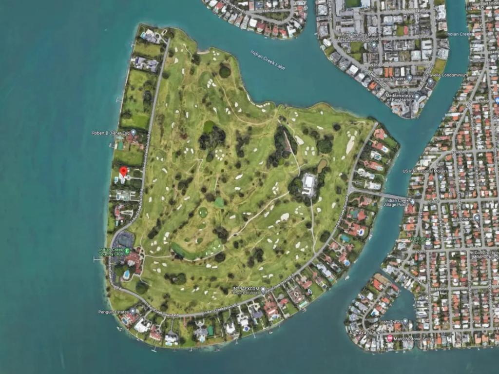 Indian Creek Island, also known as “Billionaire Bunker,” has about 40 waterfront properties and an ultra-exclusive golf course that’s set on 294 acres Picture: Google Maps