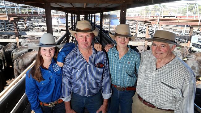 Hamilton cattle sale, HRLE, Hamilton, Jason Tonissen, with his children Michaela, 16, and Warrick, 15, from Canbelego, Booroomugga Station, and his dad Ilford, 86, from Hamilton, Picture: Yuri Kouzmin