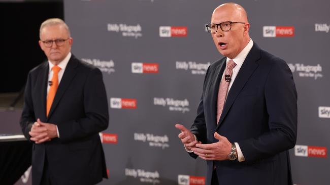 Anthony Albanese and Peter Dutton at the Sky News / Daily Telegraph People’s Forum in Sydney’s west on Tuesday. Picture: Jason Edwards / NewsWire